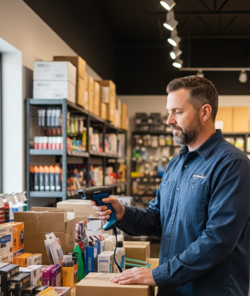 Store owner scanning products with a scanner gun
