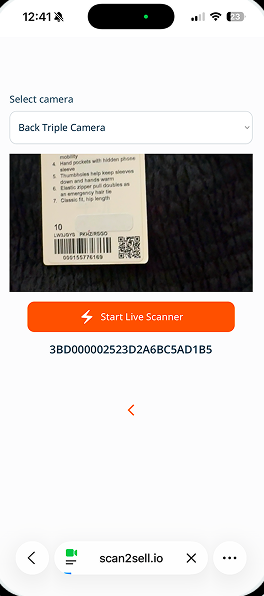 Scanning a barcode in Scan2Sell